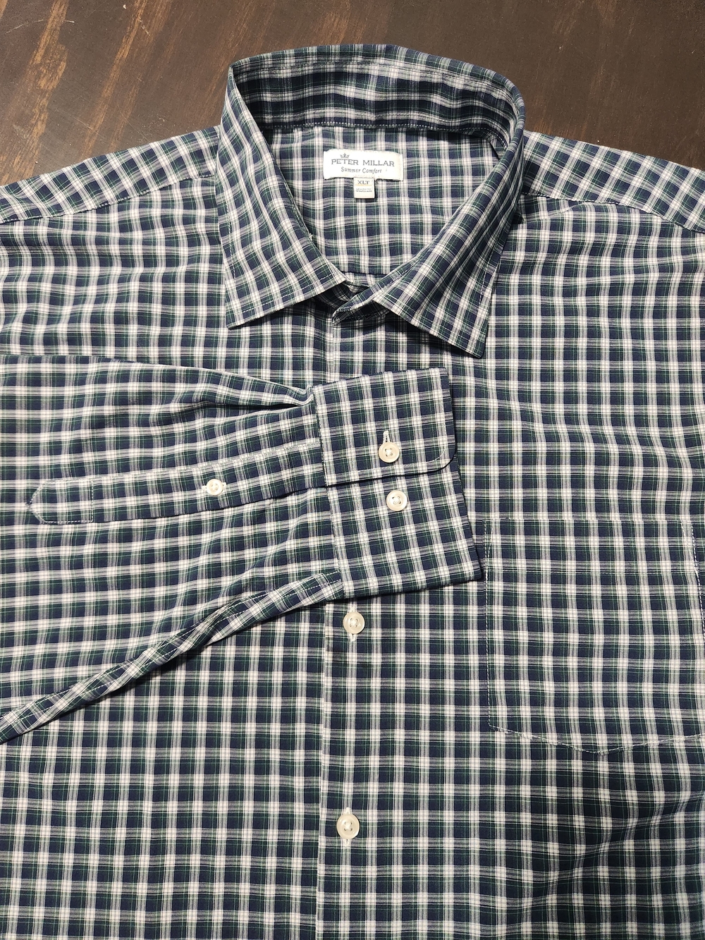 Peter Millar Summer Comfort Men’s 2XLT Long Sleeve Button Shirt Blue Green Plaid